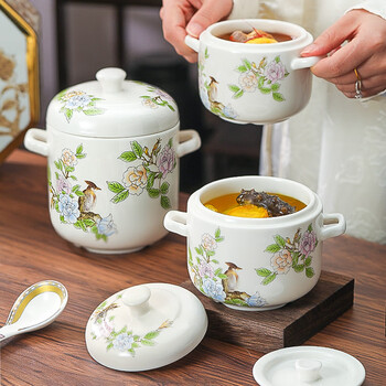 Lowe jingdezhen ceramic binaural stew pot steamed egg bowl with lid household steamed egg special water-proof stew pot buddha jumps over the wall pot