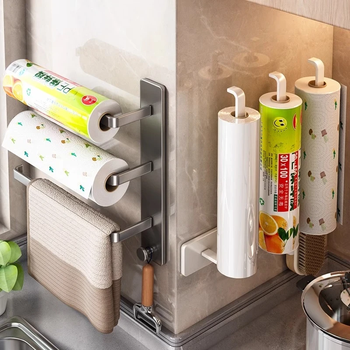 Muya kitchen paper towel rack double-pole punch-free cabinet paper hanger plastic wrap roll paper storage wall-mounted rag rack