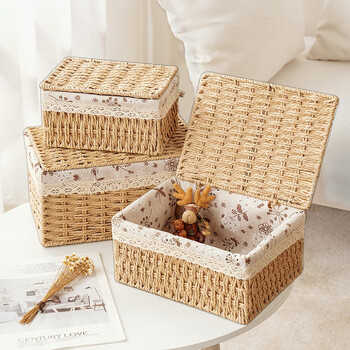 Min sheng three rattan covered desktop miscellaneous storage boxes cosmetics remote control snack coffee table storage box basket elegant log color covered large, medium, small three-piece set