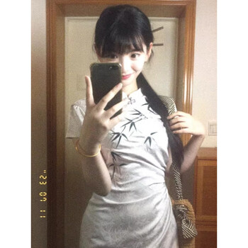 Zhenxiqi new chinese bamboo cheongsam skirt stand collar slim fashionable waist mid-length jacquard improved young style daily wear light gray l