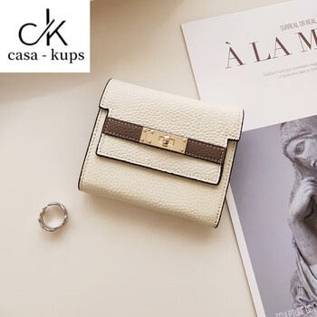 Casa-kupsck first layer cowhide lychee pattern wallet 2025 new short kelly wallet women's coin purse multi-card slot short clip off-white (cowhide)
