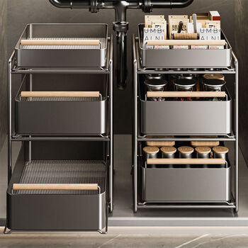 House password kitchen pull-out storage rack in the cabinet, layered shelf, double layer, three layers under the sink, drawer pull basket storage artifact, upgraded wooden handle, three layers of gun gray 34*43cm, new style