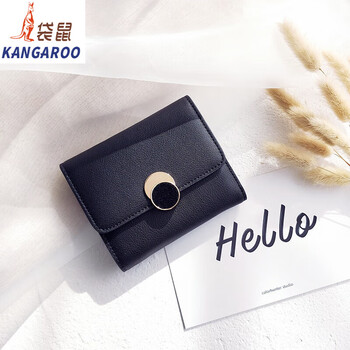Kangaroo (kangaroo) cowhide round buckle short small wallet for women 2025 chinese valentine's day korean version trendy ins small fresh student three-fold buckle wallet black