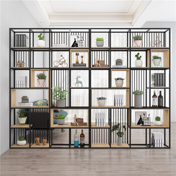 Yimaojia office partition wrought iron storage rack solid wood bookshelf multi-layer floor-standing bookcase industrial style display rack hollow storage rack 270x25x200 matte matte black
