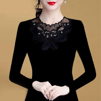 Banfishi autumn and winter new black lace bottoming shirt women's long-sleeved t-shirt slim warm lace top 213 (thin spring and autumn) l size 80-105 catties