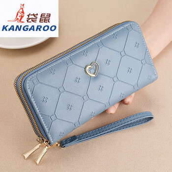 Kangaroo (kangaroo) genuine leather wallet for women, long double zipper wallet, fashionable heart-shaped mobile phone, khaki large-capacity clutch, blue