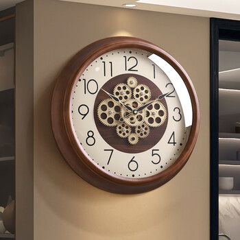 Zunell gear wall clock living room 2026 new light luxury high-end creative solid wood american european retro clock wall hanging walnut frame white dial