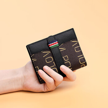 Williampolo small wallet for girls, driver's license, vertical short buckle, zipper, thin card holder, with counter gift box, brown and black