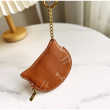 Goyn vegetable tanned first layer cowhide cat coin purse women's retro key bag headphones lipstick storage bag genuine leather bag pendant caramel brown