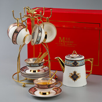 Heart decoration garden bohemian english afternoon tea set high-end bone china coffee cup gift box with cups and saucers birthday gift pink blue 6 cups and saucers + lotus mouth pot - red box + bird stand bohemian