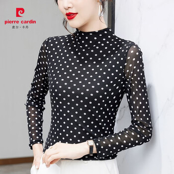 Pierre cardin 2025 spring and autumn new long sleeve polka dot mesh bottoming shirt women's stretch half turtle collar slim fit belly covering fashionable shirt white polka dot thin section m recommended 90-100 jin