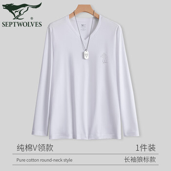 Septwolves 100% cotton men's long-sleeved t-shirt men's v-neck pure cotton geometric wolf head print sweatshirt solid color bottoming shirt