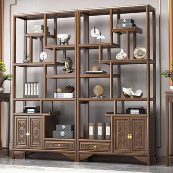 Xianding bogu rack all solid wood display cabinet modern simple storage rack new chinese bookshelf partition elm tea room duobao pavilion two doors one bucket one pair of elm (192*30*196) walnut color