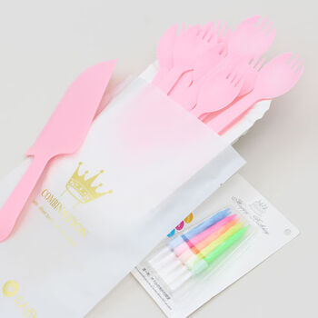 Sai lotto birthday tableware dinner plate plastic set fork plate paper plate candle 4-in-1 200 sets 10 pink forks 10 long plate pink candles 200 sets