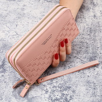 Muni 2025 new wallet women's long zipper wallet embossed large capacity mother's mobile phone coin clutch passport double-layer zipper wallet pink 19.5*3.5*10