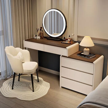 Ogisen dressing table modern simple drawer cabinet integrated dressing cabinet small apartment cream style bedside cabinet bedroom solid wood dressing table solid wood white table 80+ cabinet + round mirror + petal chair