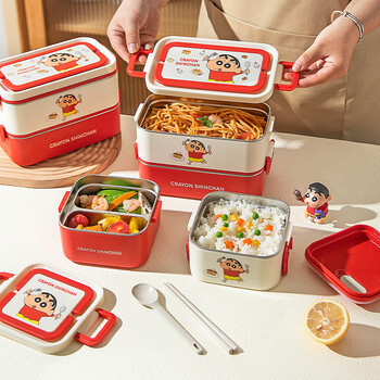 Modern housewife crayon shin-chan insulated lunch box microwave heated lunch box stainless steel double layer lunch box crayon shin-chan square lunch box double layer + tableware