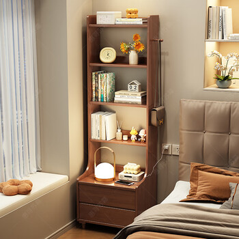 Huixun solid wood tall bedside table with bookshelf integrated heightened bedroom bedside storage cabinet household floor-standing multi-layer storage shelf walnut # 40cm*43cm*180cm