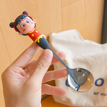Dingdan nezha spoon and fork 304 stainless steel household 2025 new cute children's baby baby food supplement silicone handle nezha-magic pill 304 spoon