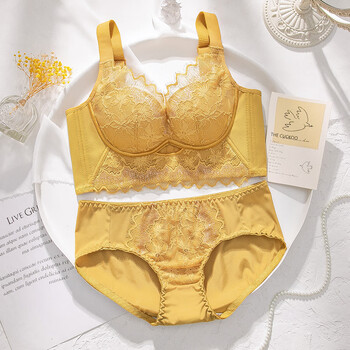 Tingmei (gracewell) bra set brand counter push-up adjustable high side ratio auxiliary breast support no wire thick bra set yellow 75b one size x 34