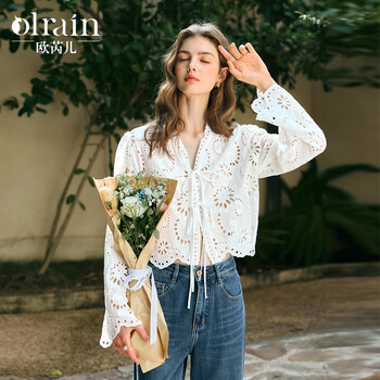 Olrain hollow lace shirt women's tops long sleeves wearable in spring, summer and autumn cream white s
