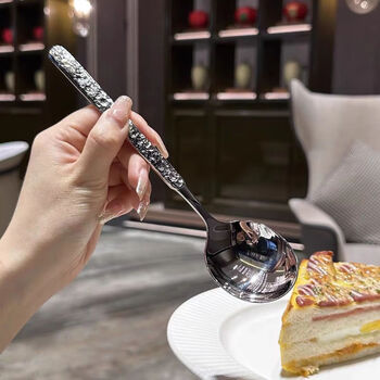 Hukid stainless steel spoon internet celebrity stone pattern spoon restaurant spoon korean long handle drinking spoon spoon dessert spoon stainless steel stone pattern spoon * 1 pack
