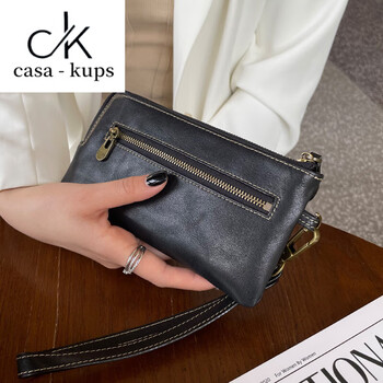 Casa-kupsck genuine leather wallet women's long large-capacity zipper retro simple first-layer cowhide wallet holds mobile phone bag hand bag black