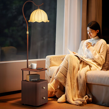Second-hand floor lamp living room sofa next to storage rack integrated storage cabinet coffee table lamp bedroom bedside table vertical table lamp walnut color lamp body - three-color dimming