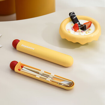 Hao'e dopamine portable tableware 304 stainless steel spoon and chopstick set cute tableware storage box for office workers and students dopamine portable tableware mango yellow