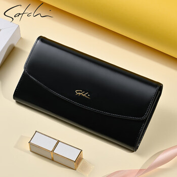 Satchi wallet women's long clutch fashion wallet genuine leather women's bag large capacity card holder coin purse black gift bag hardcover/ghostwriting greeting card