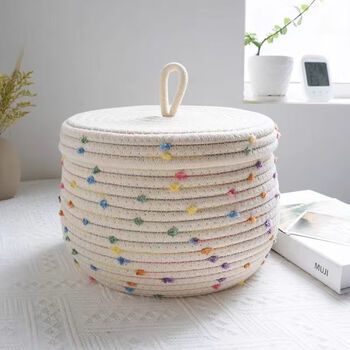 Nordic color dot cotton rope storage basket with cover desktop storage box storage basket keys and sundries storage makeup storage basket colored line round basket large (23*18 covered)