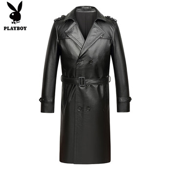 Playboy (playboy) new haining leather jacket men's first-layer cowhide long leather windbreaker belt suit collar jacket coat black 3xl 185