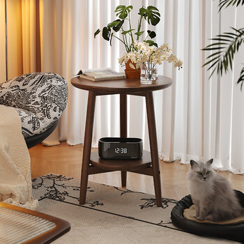 Solid wood small round table coffee table living room household small side table balcony small tea table bedroom bedside table small sofa side table rubber wood imported from thailand walnut color 40cm