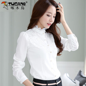 Woodpecker thickened velvet stand-up collar long-sleeved shirt for women autumn and winter new warm lace chiffon bottoming inner shirt top white thin s recommended under 90 pounds