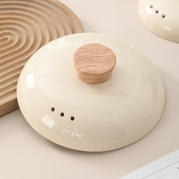 Fantasy casserole lid, ceramic pot lid, anti-spill, anti-scalding, wooden citron handle, round casserole lid, stew pot lid, thickened for soup, about 22cm in diameter, bright beige shallow pattern pot lid, with stainless steel sheet
