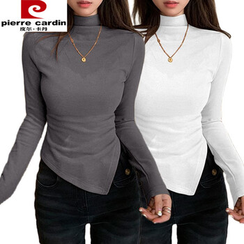 Pierre cardin german velvet half turtleneck inner bottoming shirt for women in autumn and winter irregular niche right shoulder hot girl long-sleeved t-shirt slim fit top 2 pieces dark gray + white s recommended within 90 pounds