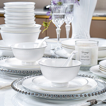 Nine cranes jingdezhen tableware set, light luxury and high-end, silver edge, housewarming gift, household ceramics, high-end complete set, 70 pieces | microwave oven available | high-end brocade box