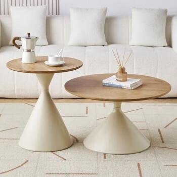 Log cream style solid wood coffee table nordic home living room small apartment combination modern table can be moved in a simple round shape warm white base + wood grain desktop (50+70)