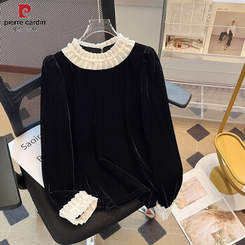 Pierre cardin 2026 new hepburn style black gold velvet inner bottoming shirt autumn and winter long-sleeved shirt women's temperament top black xl 120-130 pounds