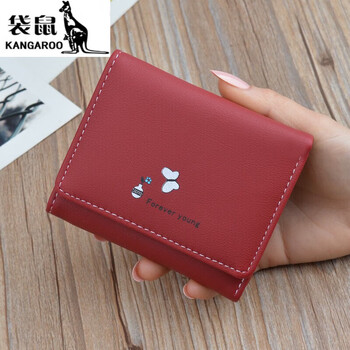 Kangaroo (kangaroo) official flagship women's wallet women's short tri-fold cover wallet japanese and korean new 2024 multifunctional folding leather big red