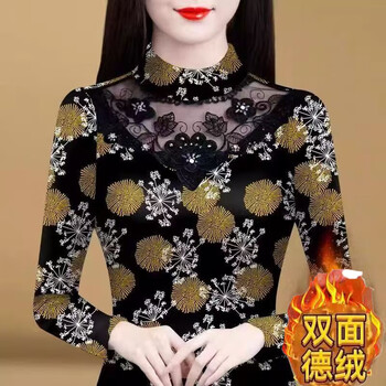 Orchid lace lace plus velvet thickened bottoming shirt for women autumn and winter western style printed beaded half-high collar with german velvet shirt 353# 2xl suitable for 120-130 pounds