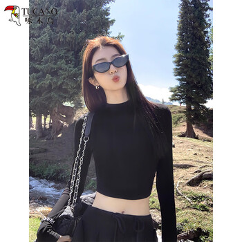 Woodpecker small high collar long-sleeved t-shirt for women autumn new navel-baring short slim-fit pure cotton bottoming shirt top black xl