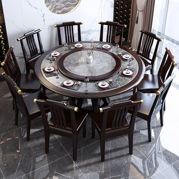 New chinese style solid wood slate dining table and chair combination for home use round dining table, high-end hotel large round table with induction cooker, rosewood color, italian gray slate 1.5m, imported slate table + 10 chairs, free turntable