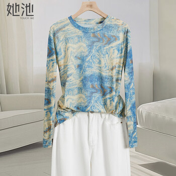 She pool round neck mesh printed long-sleeved t-shirt women's 2025 autumn new literary style round neck slim bottoming shirt