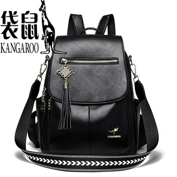 Kangaroo (kangaroo) genuine leather backpack for women 2025 new fashion casual travel backpack for women retro black genuine leather authorized