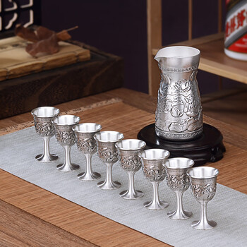 Yonghua xibao silver wine set set with pure silver 999 hot wine pot, gold and jade wine divider, white wine cup, gift for elders, gift box, one pot and eight cups, about 360 grams