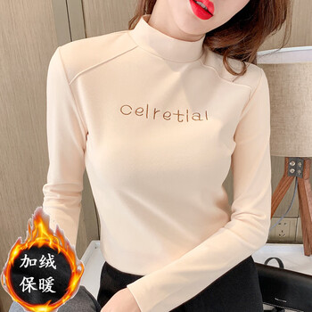 Plush velvet warm half turtleneck bottoming shirt for women in autumn and winter, versatile 2025 new long-sleeved t-shirt women's tops, apricot german velvet style m, recommended within 100 pounds