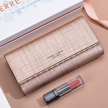 Pierre cardin women's wallet 2025 new genuine leather long handbag brand fashion cowboy card bag rose gold