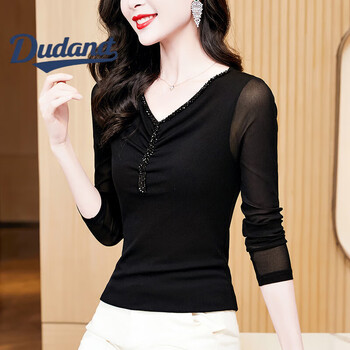 Dudant luxury international brand fashionable v-neck black mesh bottoming shirt 2025 new model with slim long-sleeved t-shirt lace black m 95-110 pounds