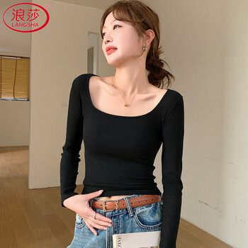 Langsha threaded bottoming shirt for women autumn 2025 new large u-neck long-sleeved t-shirt simple and versatile slim fit top